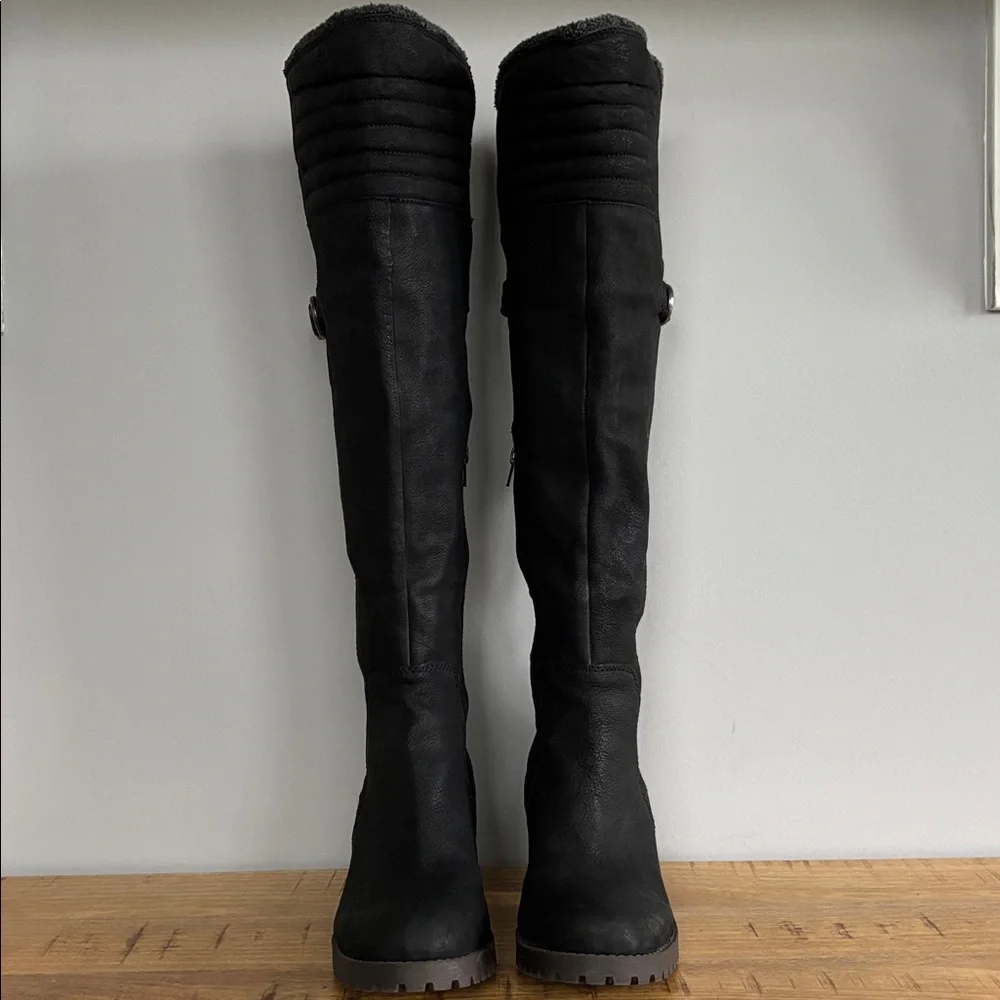 Lucky Brand Narlee Black Leather Faux Fur Over the Knee Chunky Heel Boots sz 10